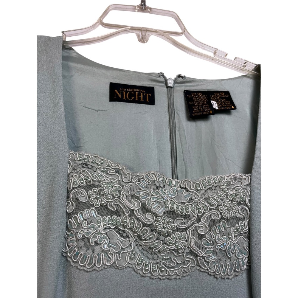 Liz Claiborne Night Sage Green Beaded Lace Maxi Dress Formal Gown Size 10 - Picture 5 of 10